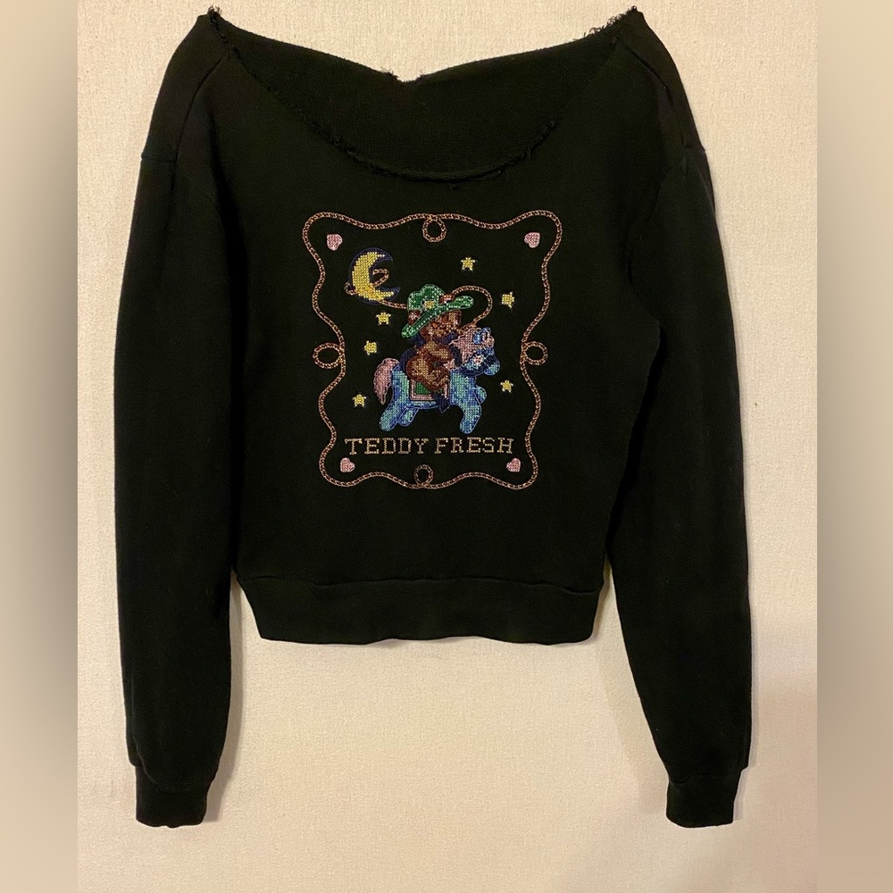 Teddy Fresh Sweatshirt Bear Embroidered Cross-stitch Cowboy Women’s M/L Modified